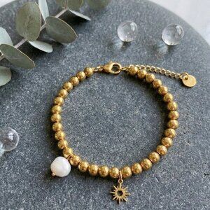 18K Gold Plated Stainless Steel Beaded Sun Pearl Charm Bracelet Boho Celestial